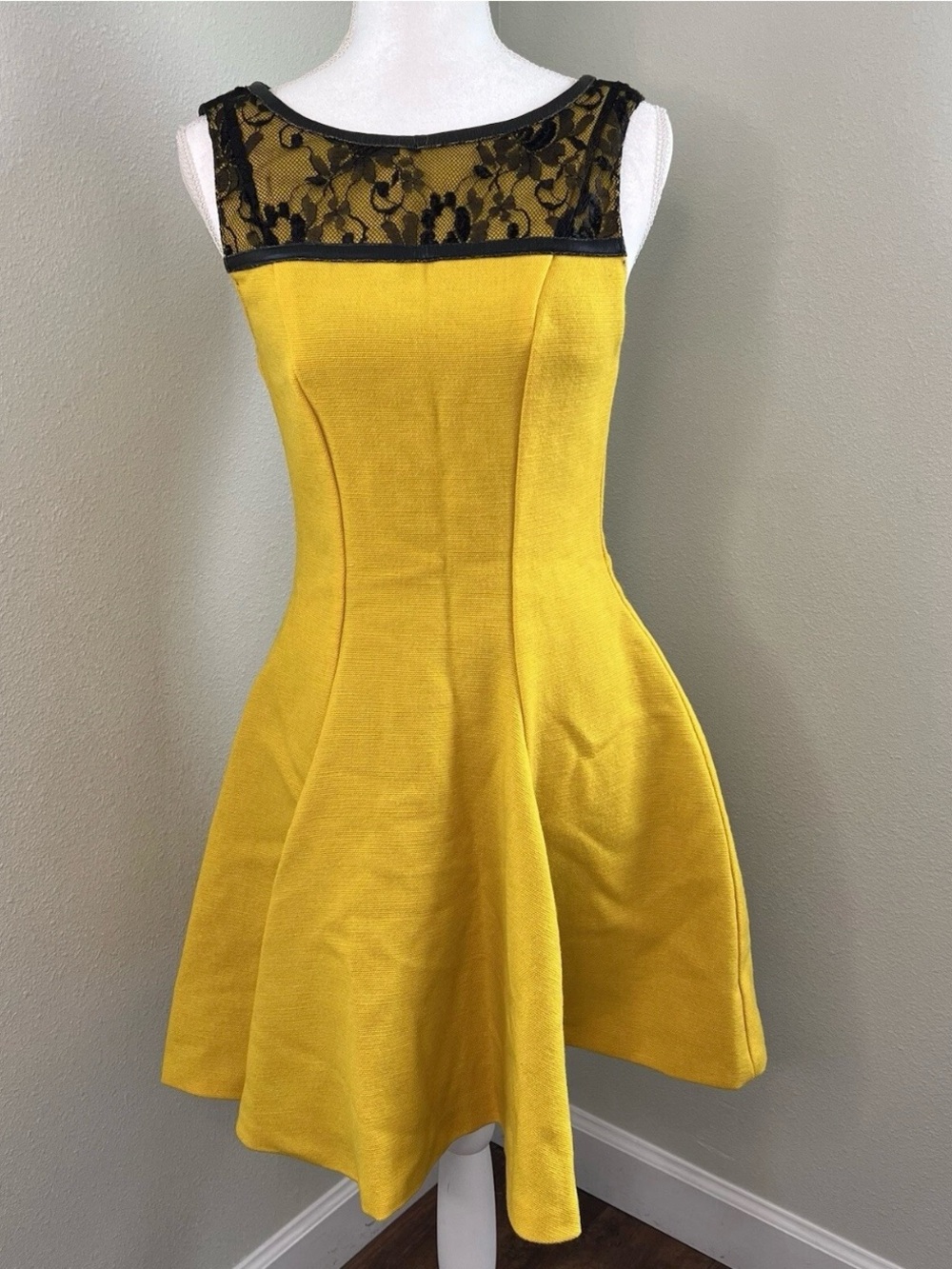 Mustard Yellow Small Retro Fit Flare Dress Black Lace Pinup Rockability